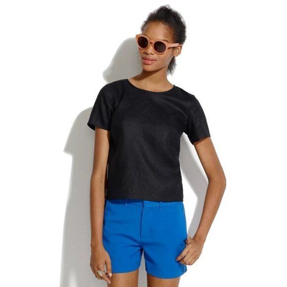 Madewell Scenic View Black Linen Open Back Short Sleeve Blouse XS - Picture 1 of 4